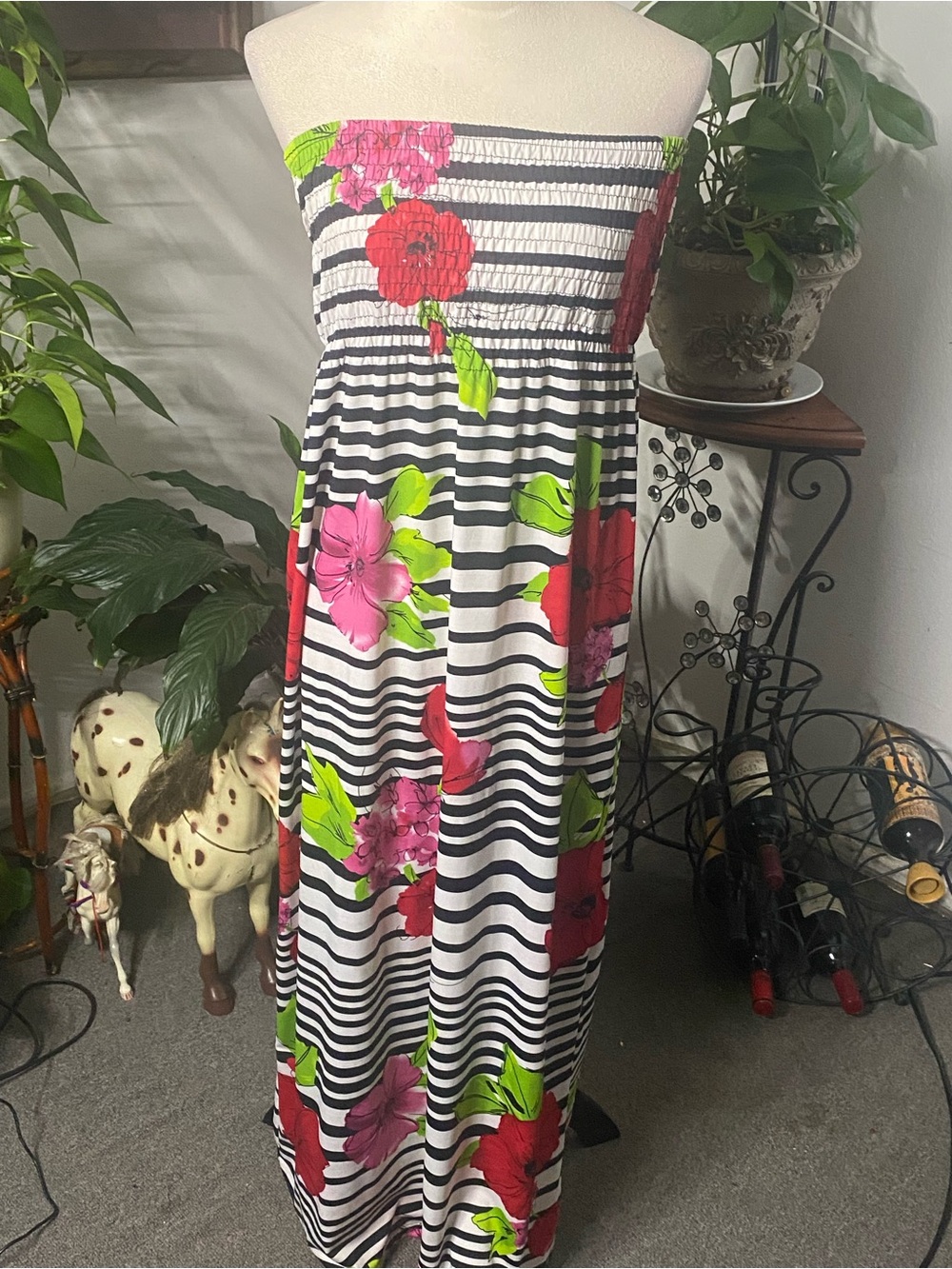 feathers Black & White Striped Maxi Dress with Red & Pink Floral Print